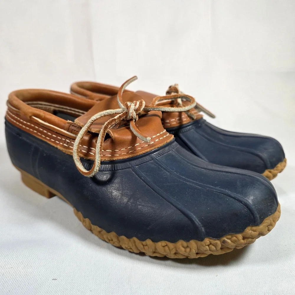 LL Bean Bean Boot Mens 8 Navy Blue Tan Leather Rubber Moc Duck Boots Made in USA